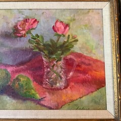 VINTAGE 80s floral flower original hand painted oil PAINTING by E Black pinks
