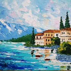 Lake Como Painting Scenery Italy Original Art Impasto Oil Painting 3D Art 6×6