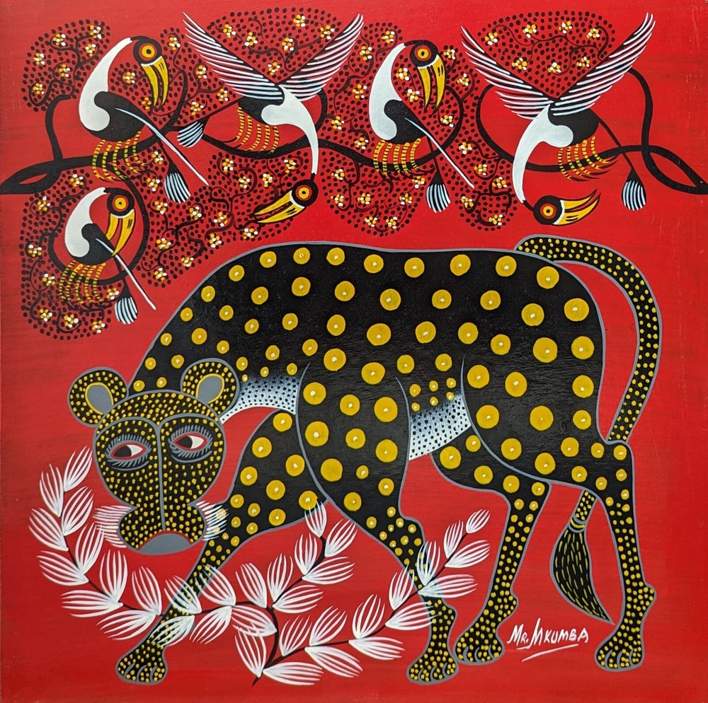 MKUMBA’s CHEETAH ON RED Classic Tingatinga board 2′ by 2′