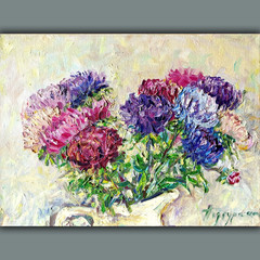 Textured Floral Oil Painting Asters Bouquet Impasto Canvas Art 16x12in