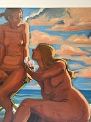 LARGE PAINTING BEACH WOMEN 1970’S VINTAGE MODERNIST PRETTY WOMAN COASTAL SUNSET