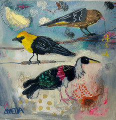 Original Art Painting OOAK Birds „Ancient Garden“ Whimsical Home Decor Wall Art