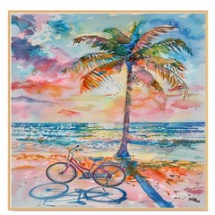 Watercolor of Palm Tree and Bicycle by Ocean Shore with Vibrant Sunset Sky