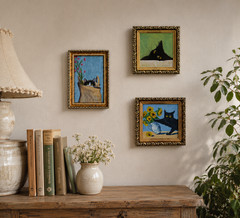 Set of 3 Black Cat Original Oil Paintings Framed Cat Wall Art Cottagecore Decor