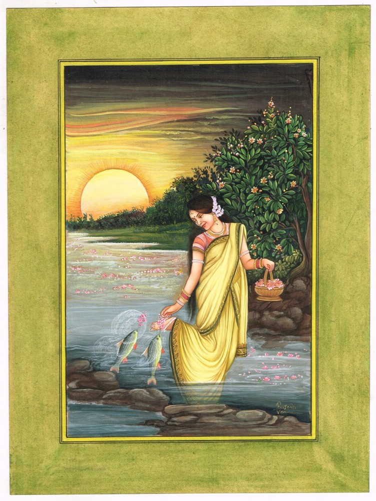 Nature Art Painting Of Indian Woman In River With Fish On Paper 10.5×13.5 Inches