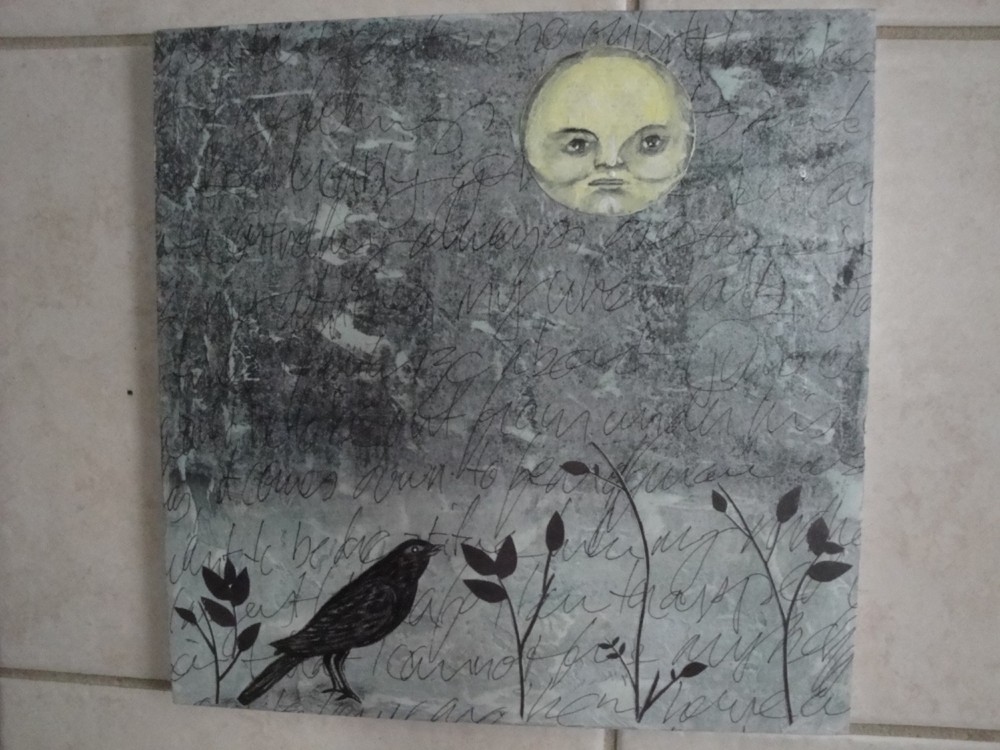 Polly Janos Young Moon And Crow Mystical Oil/Collage On Board Painting