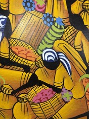 Vintage Signed JEAN Haitian Market Folk Art 23×19 Oil Painting on Cloth Canvas