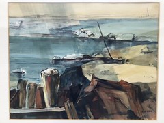 Signed Adele Giles Mid Century WC Of A Rocky Beach 16” X 18 1/2”