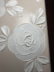 Textured Floral Painting Featuring A Three Dimensional White Rose Beige Canvas