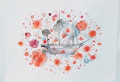 Algas y velero, original watercolor painting on paper, 17 x 23 inches