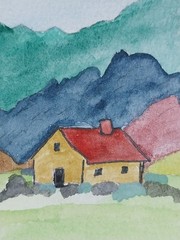 GAT Original Painting 4×4 Red Roof House Landscape Cottagecore Homedecor Art