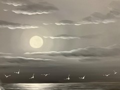 Original Oil Painting calming black and white seascape, bright white moon 24×36