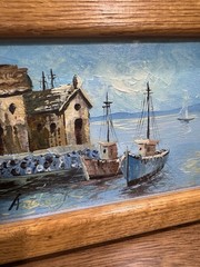 Vintage Nautical Harbor Oil Painting Signed Davis MCM Impasto Fishing Boat Art
