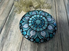 Artisan Hand Painted Man Made Rock | Mandala Aquamarine Rhinestones Dotting 4.5″