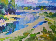 Acrylic painting River Ukrainian painter cardboard Unframed original landscape