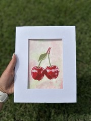 Cherries Still Life Realism signed Painting on Paper, White Matted, Small