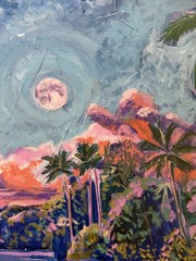 Original Tropical Landscape Painting Full Moon Palm Trees River Canvas 18×24”