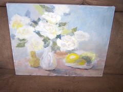 Original Oil By Peg Humphreys, White Roses 14″ x 11″ Stretched on Frame