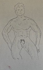 Lot of 3 male figure Studies, ink drawings, vintage, nude, gay int