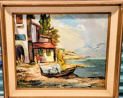 Vintage Oil Painting Of Coastal Town On Canvas Signed JONES