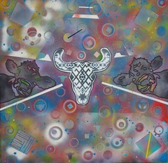 abstract pop art acrylic painting of Austin, Texas. Bats at night.