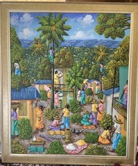 LY Alaby Oil Painting Haitian Village Lively Framed Canvas 27”x23” Iconic #egr