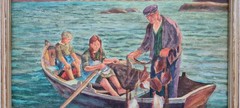 No: 675 Oil Painting Artwork with Frame Maritime Landscape Sea People Children