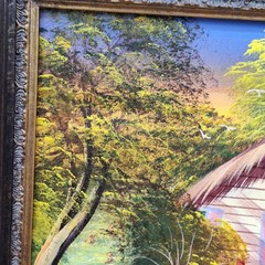 Original Framed Canvas Painting Village Landscape Scene Artist Signed 08