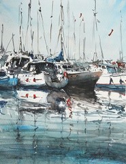 ORIGINAL PAINTING WATERCOLOR AMALFI COAST SEASCAPE BOATS ITALIAN 10“x 7.5“ in