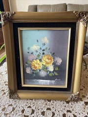 Vintage Robert Cox Style Yellow Floral Still Life In Gold Ornate Velvet 14” X 12
