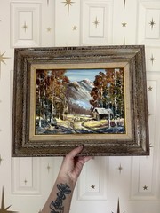 Vintage Framed Original Autumn Mountain Landscape Oil Painting 13.5” x 16.5”