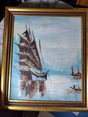 Vintage Signed – Boats in Harbor – Seascape Oil on Canvas Hong Kong Art