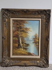 Oil Painting Artist Signed Fall Trees Lake Blue Sky Stunning Gilded Frame