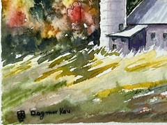 Watercolor Painting Autumn Barn With Silo Colorful 7×10” Fine Art Dagmar Kau