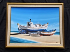 Beached Sailboat In Sand Ocean Lithograph Embellishment