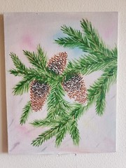 Handmade painting Acrylic art panel 14x11x1/16 Decor Pine cones on a branch