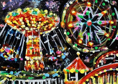 ORIGINAL ACEO Painting CARNIVAL Fair Amusement Park Fireworks Swing Ride ATC ART