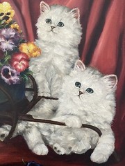 Janet Holmes Antique 1930s Deco Cat Kitten Pansy Flower Wagon Portrait Painting