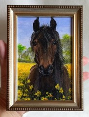 Original Acrylic Painting Landscape Young Horse in Meadow Wall Art 4 x 6 in