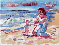 Woman Child Beach Modern Original Signed Canvas Acrylic Wall Art 11×14 BACH