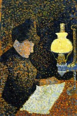 Oil painting Paul-Signac-Woman-Reading young lady reading newspaper by lamp art