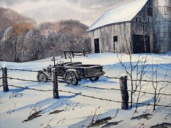 Watercolor Painting Indiana Artist “Snowy Barn Model T Truck” 1979