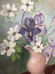 Vintage Floral Painting Flowers In Victorian Pitcher Vase, Oval 13.5 X 16.5”