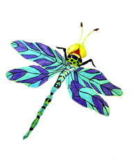 PAINTING WATERCOLOR ART DRAGONFLY PURPLE BLUE GREEN INSECT 8X10 AND MAT 16X20