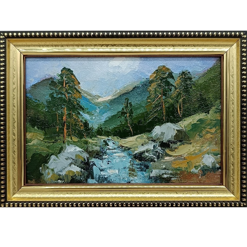 Summer nature Oil painting Original art Waterfall 6 x 4 inches