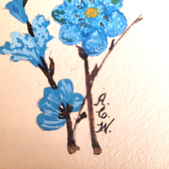 Two Flower Paintings Artist Signed Purple Iris Blue Branch Matted 7×9 Inches