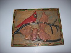 Original Vintage Folk Art Wood Carving Painting, Cardinals Bird Family in Tree