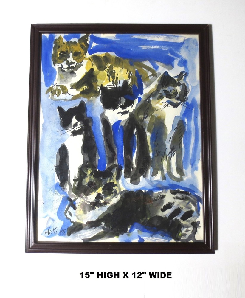 KNOWN ARTIST „5 CATS“ SIGNED Micki ’95 ORIG WATERCOLOR PAINTING, FRAMED w GLASS