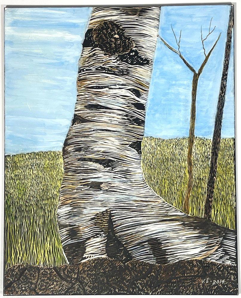 American Artist Vincent Esposito Signed Scratchboard Birch Tree Painting c.2014