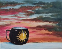 Oil Painting Sun Coffee Mug Red Sunset Sky Landscape Still Life Art A. Joli